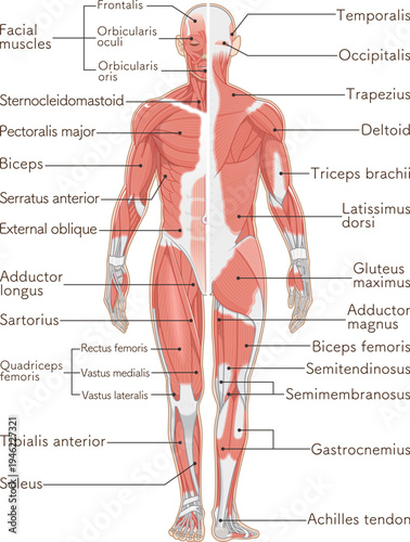 全身の筋肉 正面と背面 Full body muscles front and back illustration