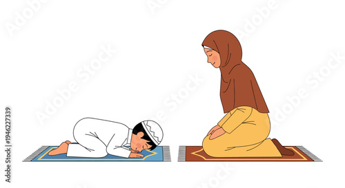 Two People Praying On Prayer Mats In Quiet Moment. Vector Illustrations. EPS Editable