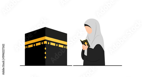Woman in Hijab Praying Near Kaaba Illustration Scene. Vector Illustrations. EPS Editable