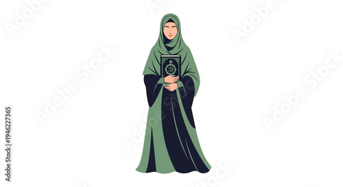 Woman in Green Hijab and Robe Stands Pose. Vector Illustrations. EPS Editable