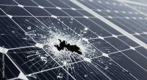 A close-up view of a damaged solar panel with a cracked surface and broken glass