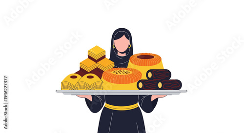 Woman presents gold bars and coins on tray in bold financial concept. Vector Illustrations. EPS Editable