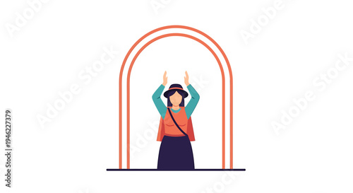 Woman Under Colorful Arch Pose for Portrait in Studio. Vector Illustrations. EPS Editable