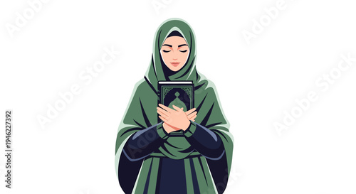 Young Woman Wearing Green Hijab Reading a Book Portrait. Vector Illustrations. EPS Editable