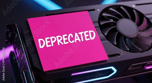 A computer graphics card with a pink deprecated sticker on it in a dark setting
