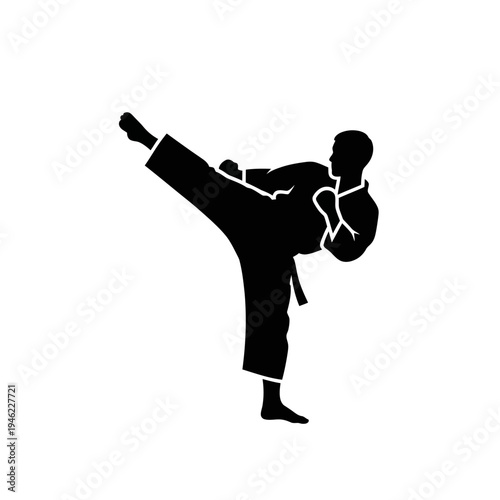 Simple graphic icon of a martial arts practitioner delivering a high kick, embodying discipline, strength, and agility in training, sports, or self-defense