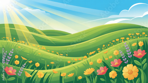 Vector sunny landscape with green hills and colorful flowers