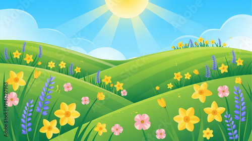 Vector sunny landscape with colorful flowers and green hills
