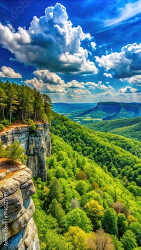 A photo of Cumberland Mountain State Park in Crossville, Tennessee features dense forests, towering trees, rocky outcroppings, and a serene, mountaino