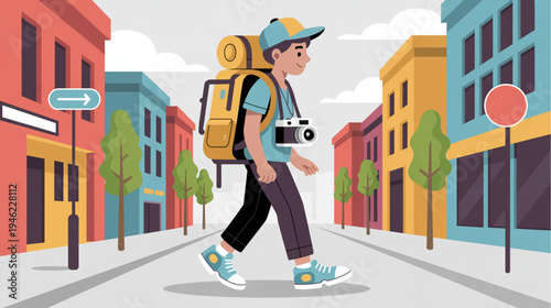 Vector illustration of a young traveler with backpack and camera walking down a city street