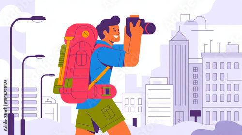 Vector illustration of tourist with camera and backpack in city