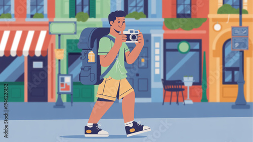 Vector illustration of man taking photo on city street