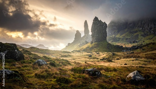 Rugged rock formations of the Old Man of Storr on the Isle of Skye Scotland under dramatic sky in golden hour light creating a moody landscape