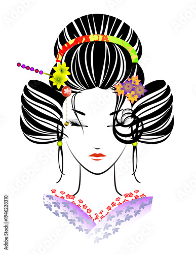 女性の顔、日本髪、着物