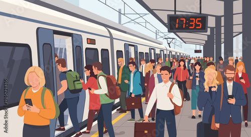 Crowded Subway Platform with Commuters Boarding Train