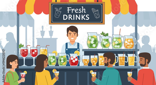 Fresh Drinks Stand with Bartender Serving Customers