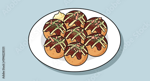 Illustration of Japanese Takoyaki Octopus Balls on a Plate