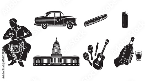 Collection of Cuban cultural icons including a classic car, musician, building, and musical instruments.