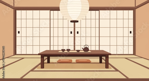 Minimalist Japanese Tea Room Interior with Tatami Mats and Shoji Screens