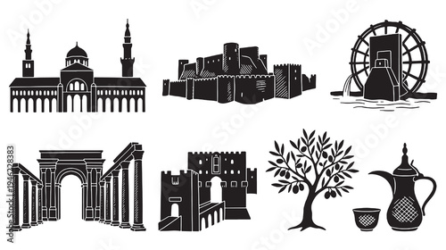 Collection of Middle Eastern architectural landmarks and cultural symbols in silhouette style.
