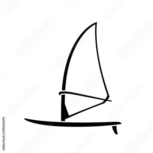 A minimalist black and white illustration of a windsurf board and sail, perfect for sports and outdoor activity graphics