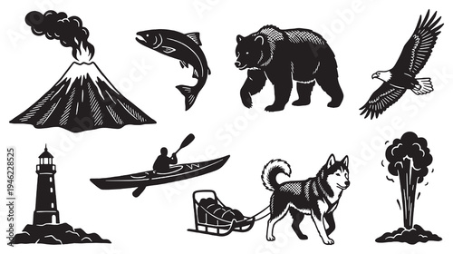 Collection of Alaskan Icons: Volcano, Salmon, Bear, Eagle, Lighthouse, Kayaker, Sled Dog, and Geyser.
