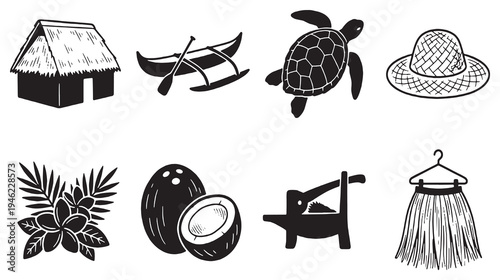 Collection of tropical island icons including a hut, canoe, turtle, hat, flowers, coconut, and grass skirt.