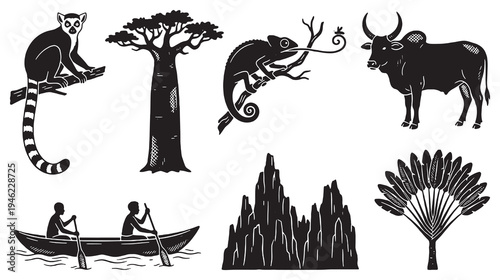 Collection of Silhouettes Representing Madagascar Wildlife, Nature, and Culture.