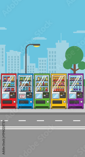 Colorful Vending Machines Lineup on City Street