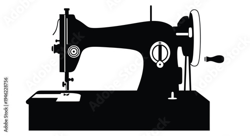 Black and white silhouette of a vintage sewing machine on a white background