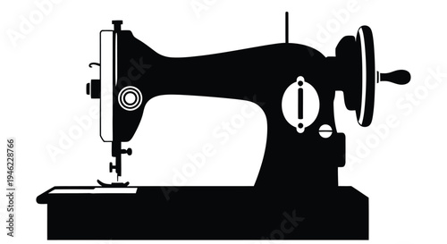 Vintage sewing machine illustration in black and white side profile view