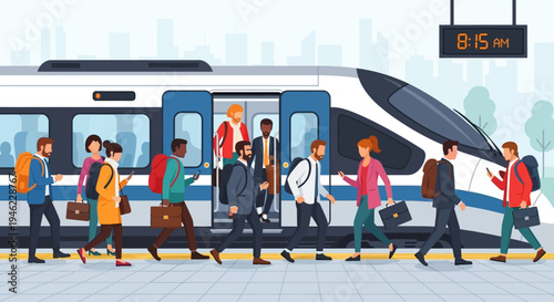 Commuters Walking Out of Modern Train at Morning Station