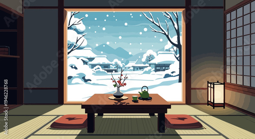 Cozy Japanese Room with Snow View Pixel Art