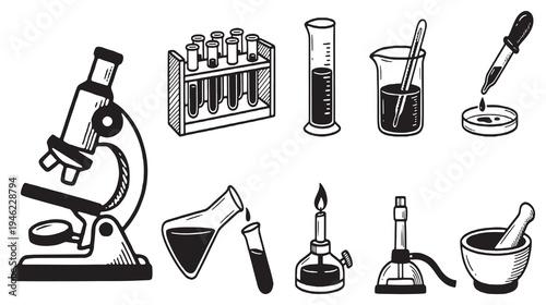 Collection of hand-drawn scientific laboratory equipment and tools, including a microscope, test tubes, beakers, and burners.