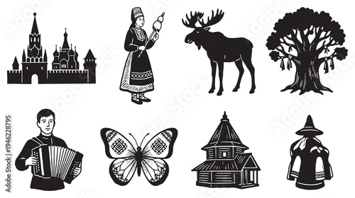 Collection of Russian cultural symbols and elements, including landmarks, traditional clothing, animals, and nature.