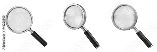 Cuadro en lienzo Set of 3D Metallic Magnifying Glass Icons, Realistic Chrome Handheld Loupe Illus
