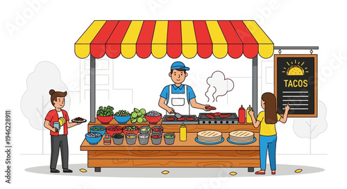 Street Food Taco Stall with Chef and Customers