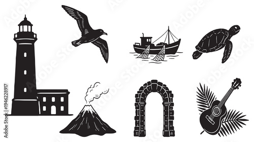 Collection of vector illustrations featuring a lighthouse, seagull, fishing boat, sea turtle, volcano, ancient archway, and a guitar with palm leaves.