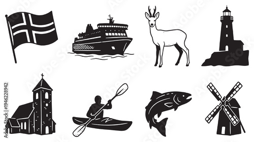 Collection of Scandinavian icons including a flag, ferry, deer, lighthouse, church, kayaker, fish, and windmill.