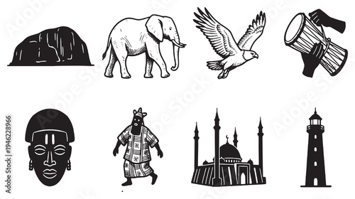 Collection of diverse cultural and natural elements including an elephant, eagle, mask, and lighthouse.