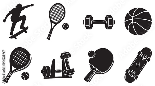 Collection of sports equipment and activities icons, including skateboarding, tennis, weightlifting, and basketball.