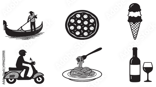 Collection of Italian cultural icons including a gondola, pizza, ice cream, scooter, spaghetti, and wine.