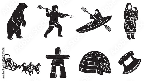 Collection of traditional Inuit cultural symbols and activities depicted in silhouette style.