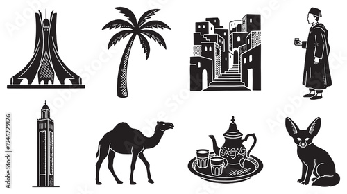 Collection of iconic symbols and elements representing North African culture and landmarks.