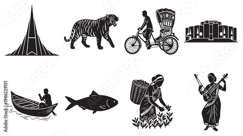 Collection of iconic symbols and cultural elements representing Bangladesh, including landmarks, wildlife, and traditional activities.