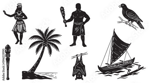 Collection of Polynesian cultural symbols and elements, including people, animals, and flora.