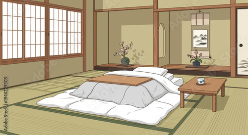 Cozy Japanese Room with Kotatsu Table and Tatami Mats
