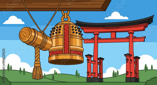 Japanese Temple Bell and Torii Gate Illustration