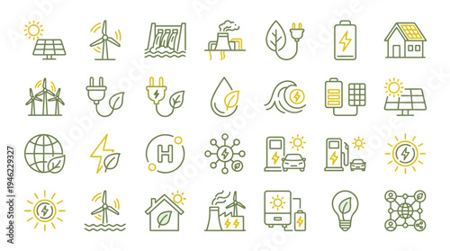Collection of EcoFriendly Renewable Energy and Sustainability Icons. Vector Icons Set