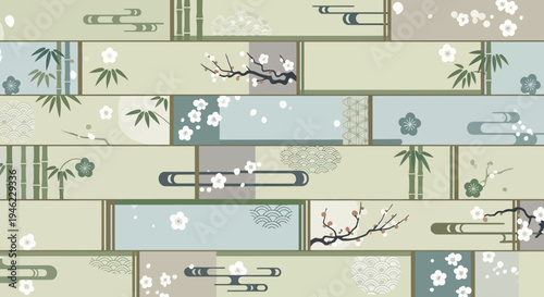 Japanese Traditional Seamless Pattern with Bamboo and Plum Blossom Motifs